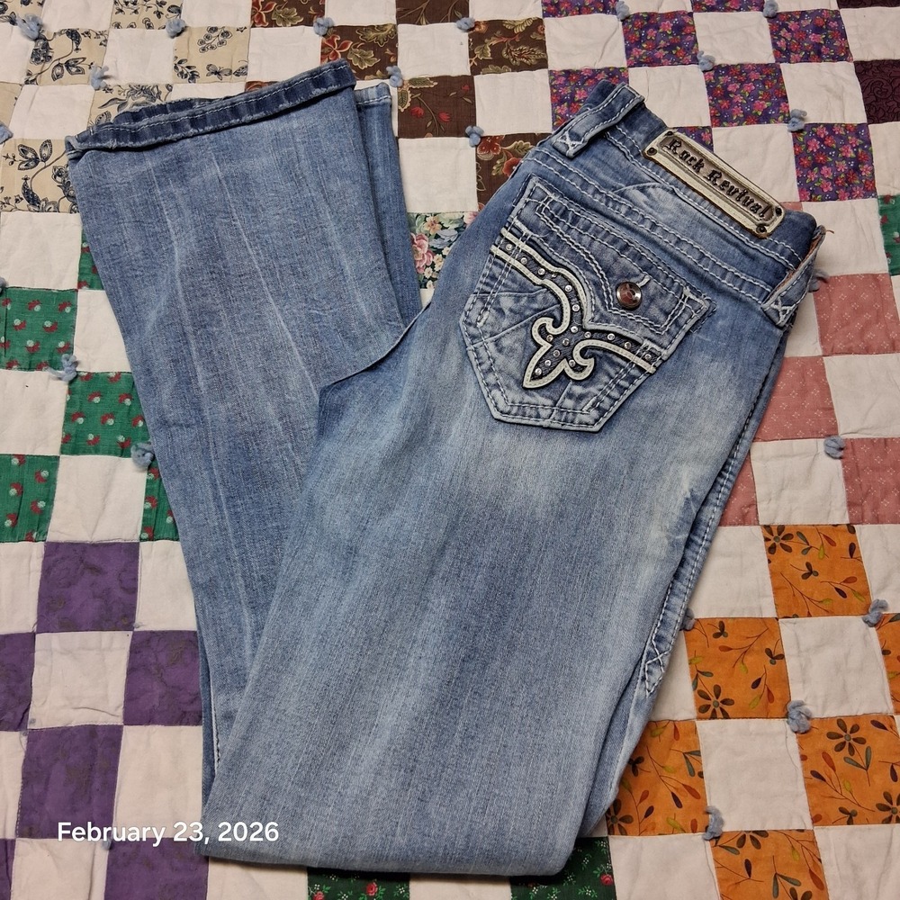 Rock‎ Revival Clea Easy Boot Blue Jeans Size 27 Studded Embroidered Low Rise